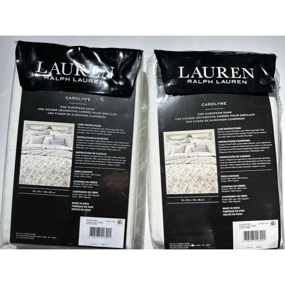 (2) Ralph Lauren CAROLYNE FRAME OFF WHITE GRAY LINEN Euro Shams 26x26 NEW